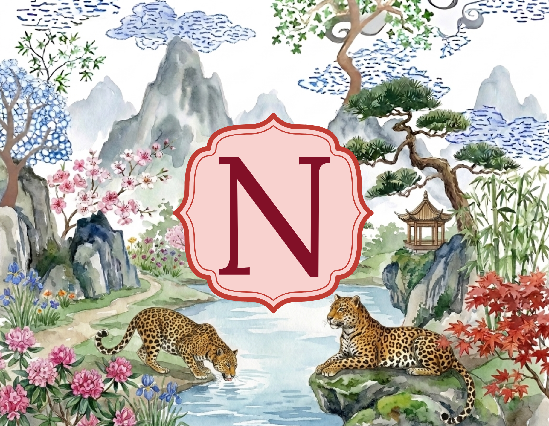 Chinoiserie - Landscape Scene 4, Lounging Leopards